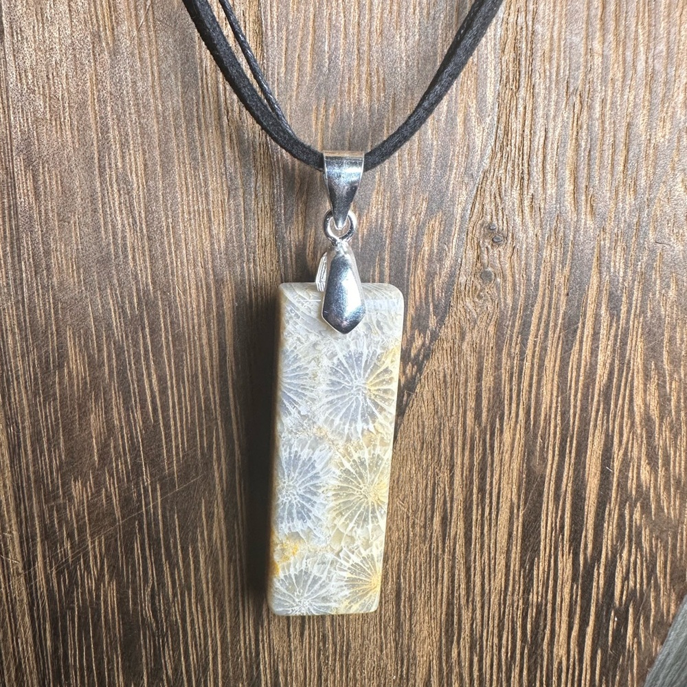 Coral Fossil Thin Rectangle Pendant Necklace on Black Rope